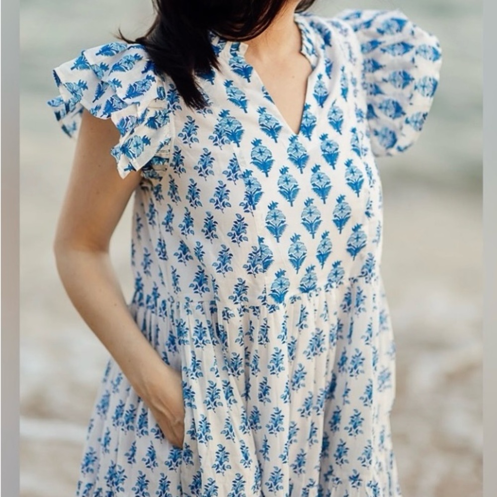 Southern Tide Blue Blockprint Floral Ruffle-Sleeve Cotton Dress